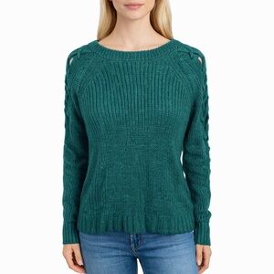 Wooden Ships Green Cable Knit Sweater Knit Lace Up Sleeves Mohair Blend Size XS